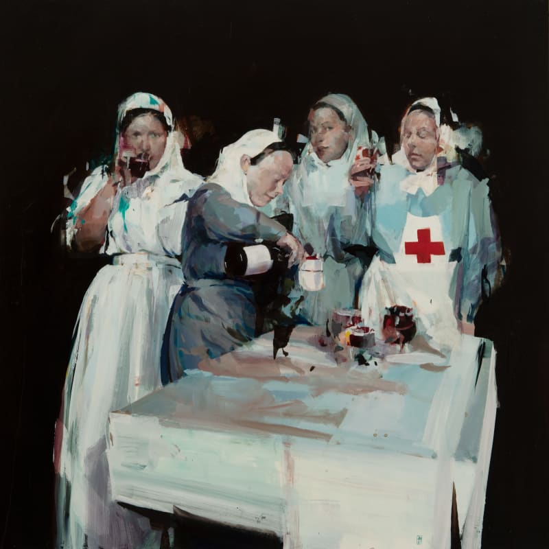 Alex Kanevsky Nurses with Wine, 2019 Oil on board, 36 x 36 in. (91.4 x 91.4 cm)