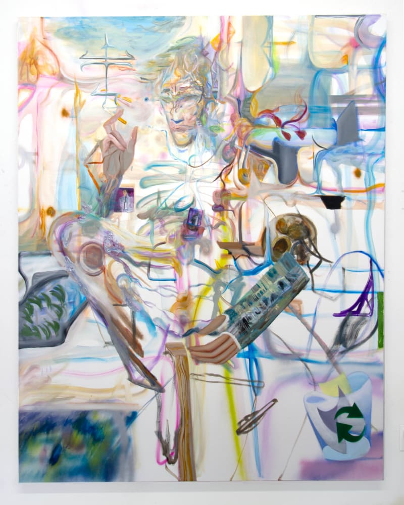 Andrew Woolbright Vaporwave Boy Considers Existentialism, 2024 Oil and acrylic on canvas, 78 x 62 in. (198.1 x 157.5 cm)