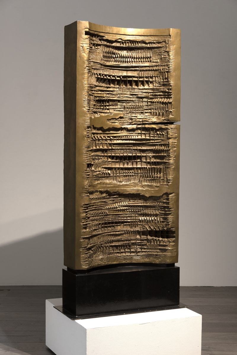 Arnaldo Pomodoro Successioni n. 2, 1962 Bronze, mounted on painted steel base, 55 1/2 x 25 x 8 1/2 inches...