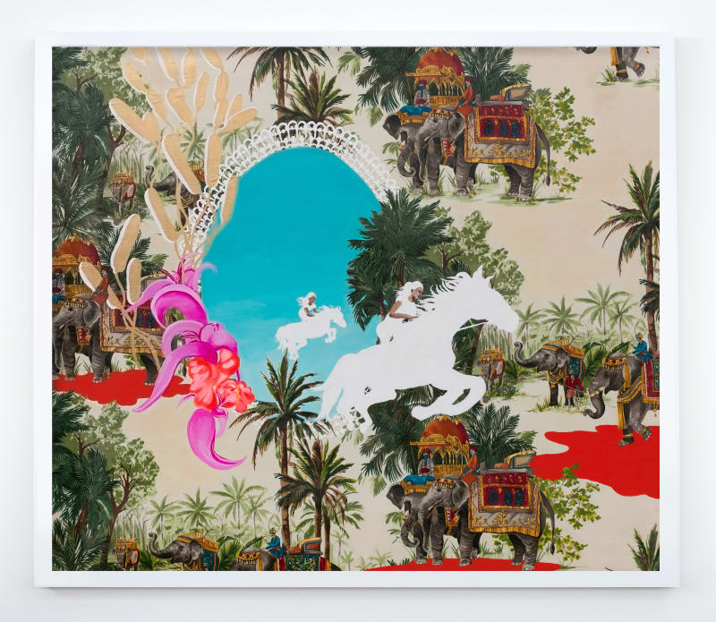 Suchitra Mattai The life between, 2020 Acrylic and gouache on printed fabric, 40 x 46 inches (101.6 x 116.8 cm)