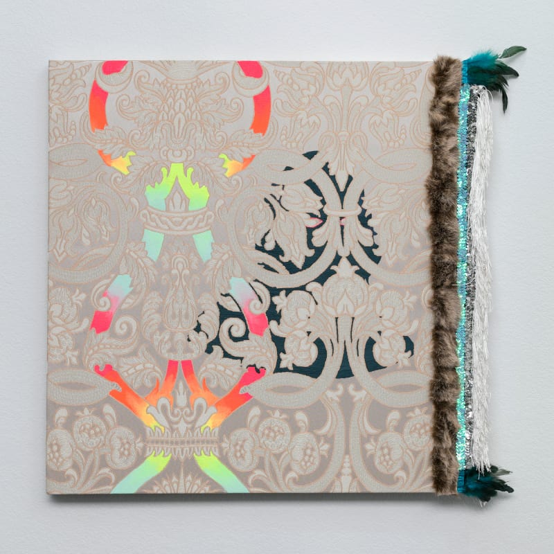 Suchitra Mattai Shadow of a Woman with Vajra (Divine Weapon), 2022 Embroidery floss, acrylic, faux fur, and trim on vintage...