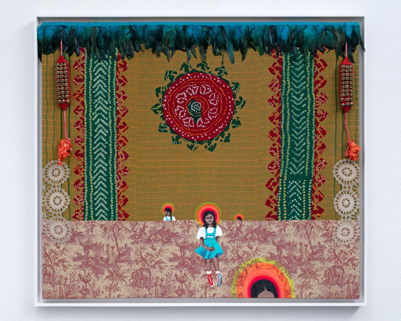 Suchitra Mattai An Alien Playground, 2022 Acrylic, vintage fabric, vintage doilies, dried flowers from garland, ghungroo bells, and faux feathers,...