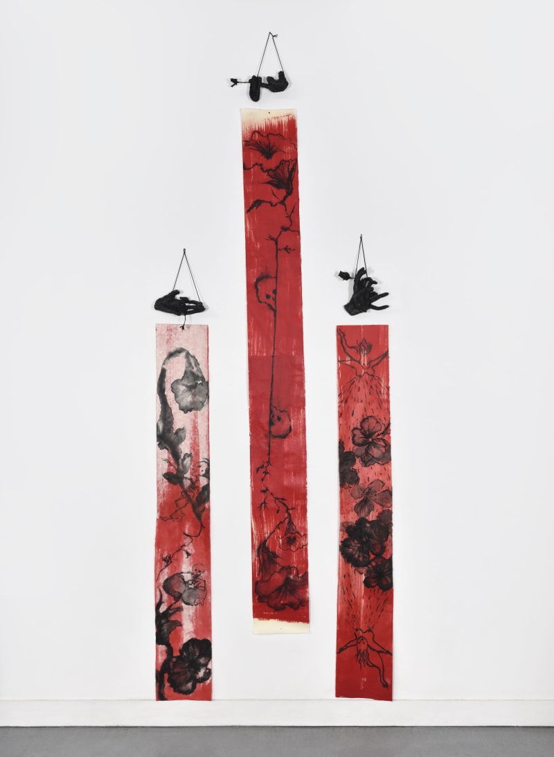 Annette Messager Les Fleurs du mal, 2021 3 drawings, 3 assemblages; acrylic paint, Japanese paper, various material, strings Drawing 1...