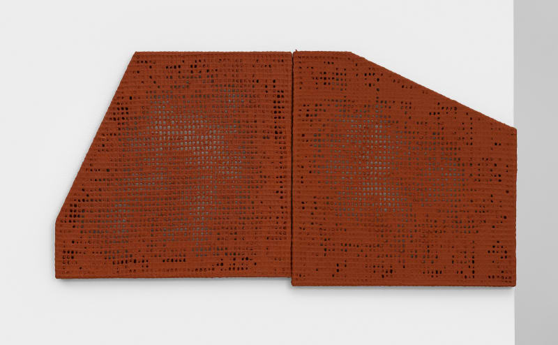Delcy Morelos Eva, 2013 2 parts; clay, brick dust, and acrylic binder on cotton weave 21 x 41 x 1...