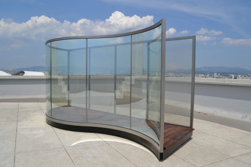 Dan Graham Tight Squeeze, 2015 Two-way mirror, perforated metal, stainless steel 90 1/2 x 200 x 70 7/16 in. (230...