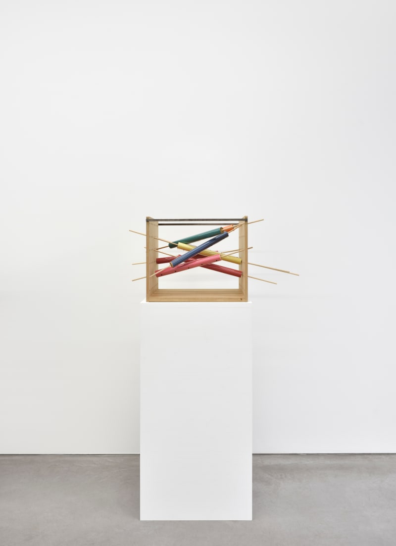 Peter Fillingham 8s, Helter Skelter, 2025 MDF, wood, steel rod, satin, acrylic sheet, nails, paint Sculpture: 15 x 34 5/8...