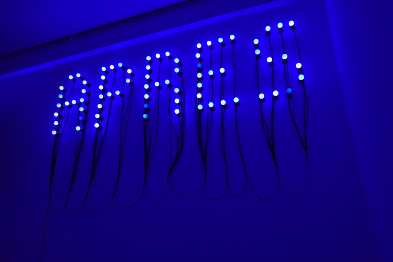 Christian Boltanski Après, 2010 72 brass sockets, 72 blue LED bulbs, electric wire, power socket Approx. 90 1/2 x 90...