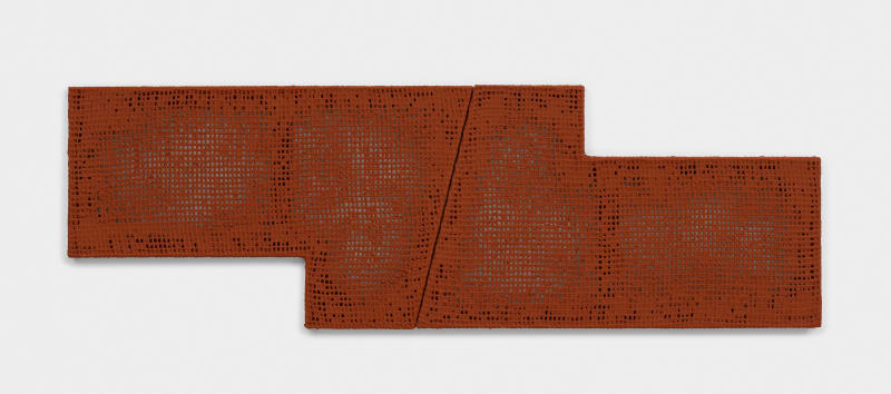 Delcy Morelos Eva, 2013 2 parts; clay, brick dust, and acrylic binder on cotton weave 20 x 62 1/4 x...
