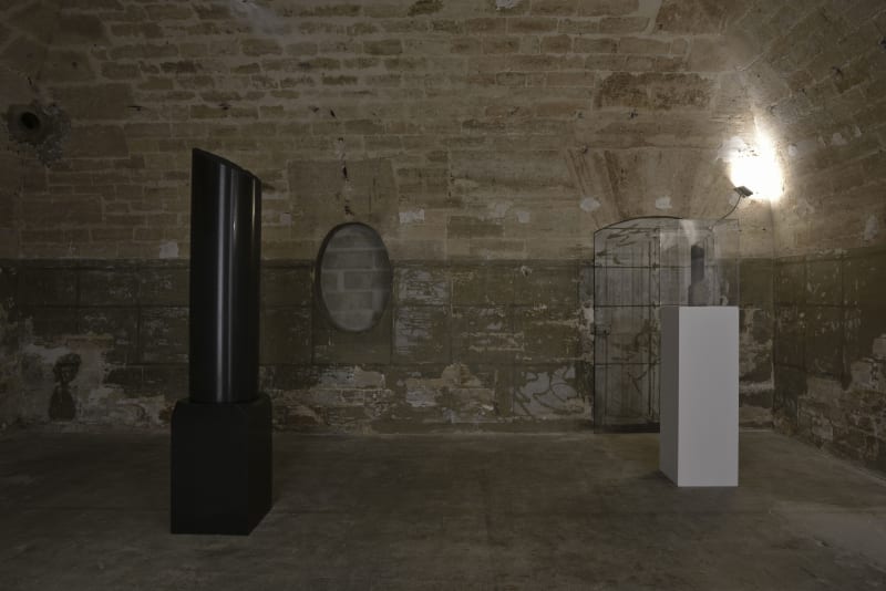 Steve McQueen Broken Column, 2014 Zimbabwe black granite, wood, Perspex Part 1: 82 5/8 x 16 9/16 x 16 9/16...