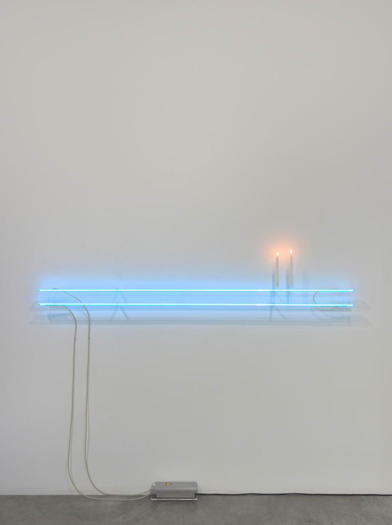Cerith Wyn Evans C=L=E=A=V=E 20 (after P.P.C.), 2020 Neon, wax candles 70 7/8 x 4 3/8 x 4 in. (180...