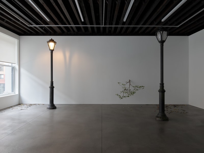 Álvaro Urbano Prelude, 2025 2 cast aluminum lamp posts, paint, electrical system; 7 min. cycle 130 elements; steel and paint...