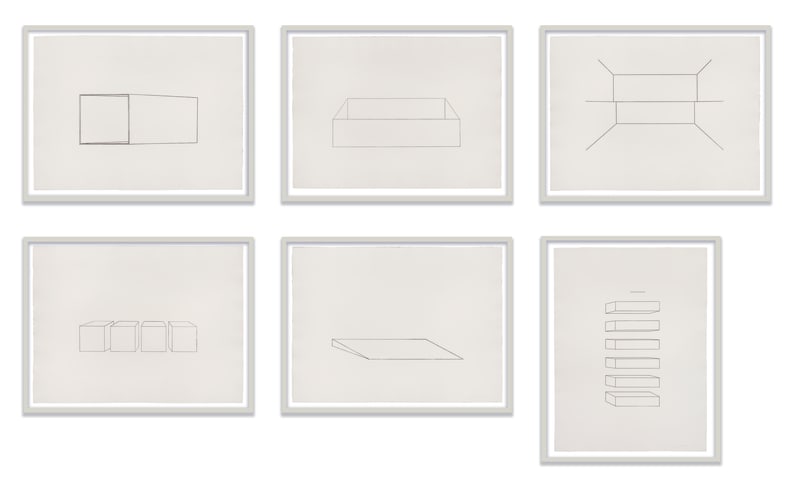 Donald Judd Untitled, 1974 Set of 6 black and white etchings on German Etching paper 5 sheets: 30 1/2 x...