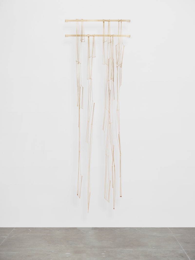 Leonor Antunes discrepancies with W.W. #7, 2025 Brass, acrylic beads Dimensions variable Laid flat dims left to right: a. 170x5'...