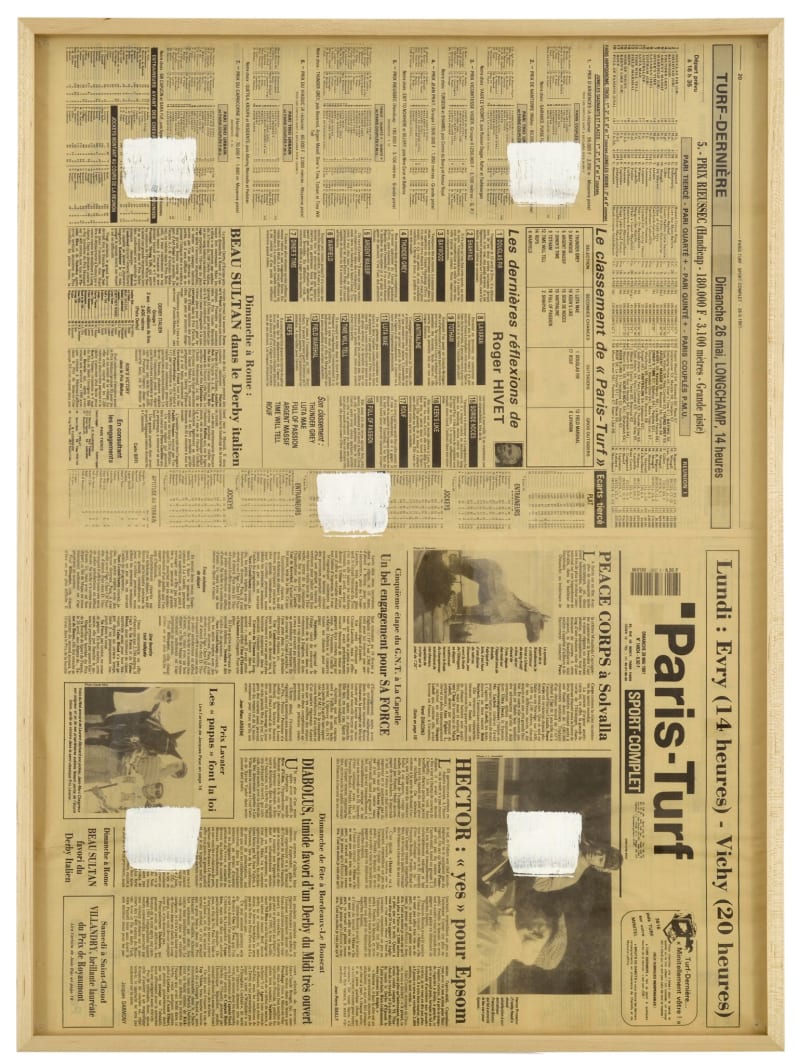 Niele Toroni Imprints of paintbrush no. 50 repeated at regular intervals of 30 cm, 1991 White acrylic on newspaper Paper:...