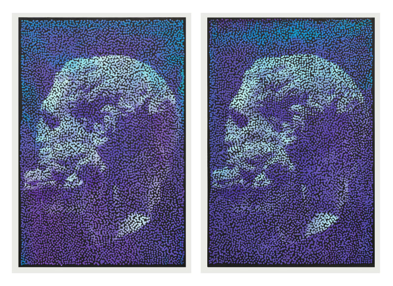 Daniel Boyd Untitled (PLCGMT), Untitled (YJHTSFTB), 2025 Diptych; oil, archival glue, screen print on canvas 36 x 24 in. (91.5...