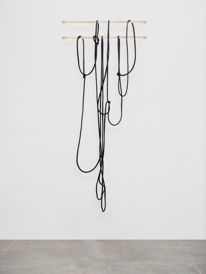 Leonor Antunes discrepancies with W.W. #11, 2025 Leather, rope Dimensions variable laid flat dims: 164'x7/8'