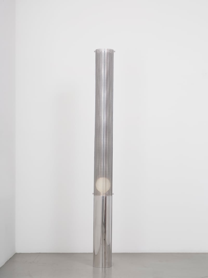 Leonor Antunes discrepancies with W.W. (Emi), 2025 Aluminum, aluminum grid, brass, electric cable 61 x 7 in. (155 x 18...