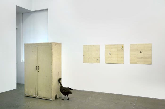 Petrit Halilaj There I wait infinitely for the hurricane to come (with Anser anser), Several birds fly away when they...