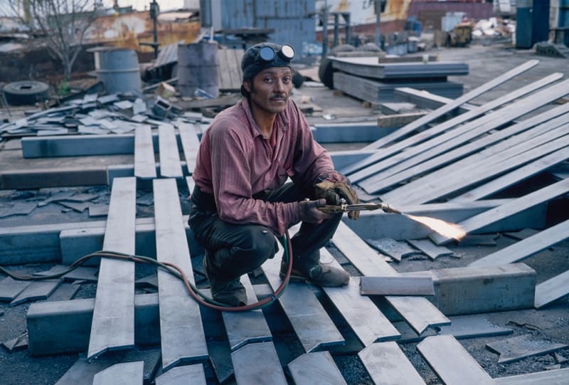 Allan Sekula Shipyard welder cutting steel for Hyundai truck chassis, Ensenada from 'Dead Letter Office', 1996-1997
