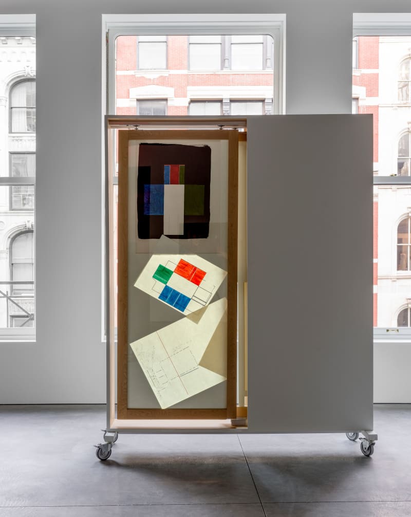 Maria Nordman A collage showing of three drawings temporarily placed in a box: Panel 1: INCONTRO TRA LA DORA ED...