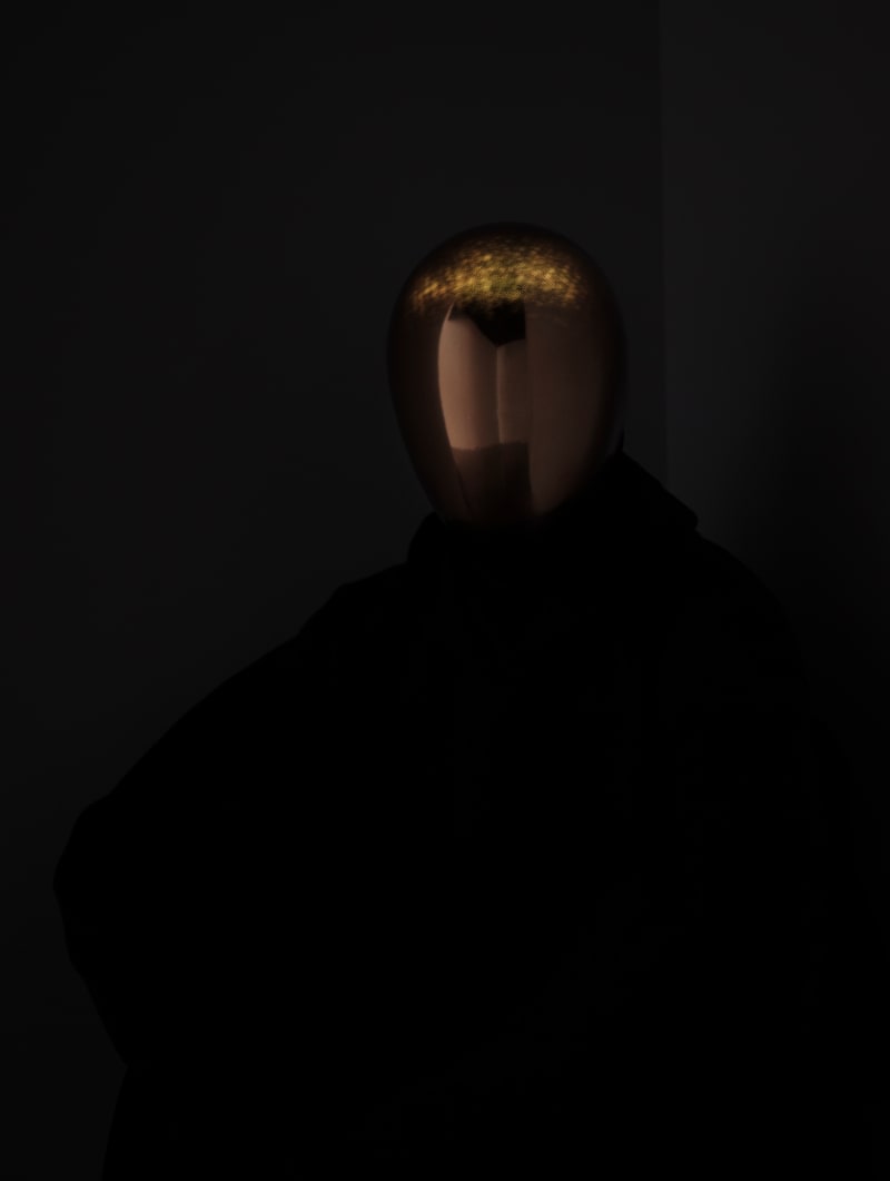 Pierre Huyghe Idiom, 2024 Real time voice generated by Artificial Intelligence, golden LED screen masks Set of 3 masks Edition...
