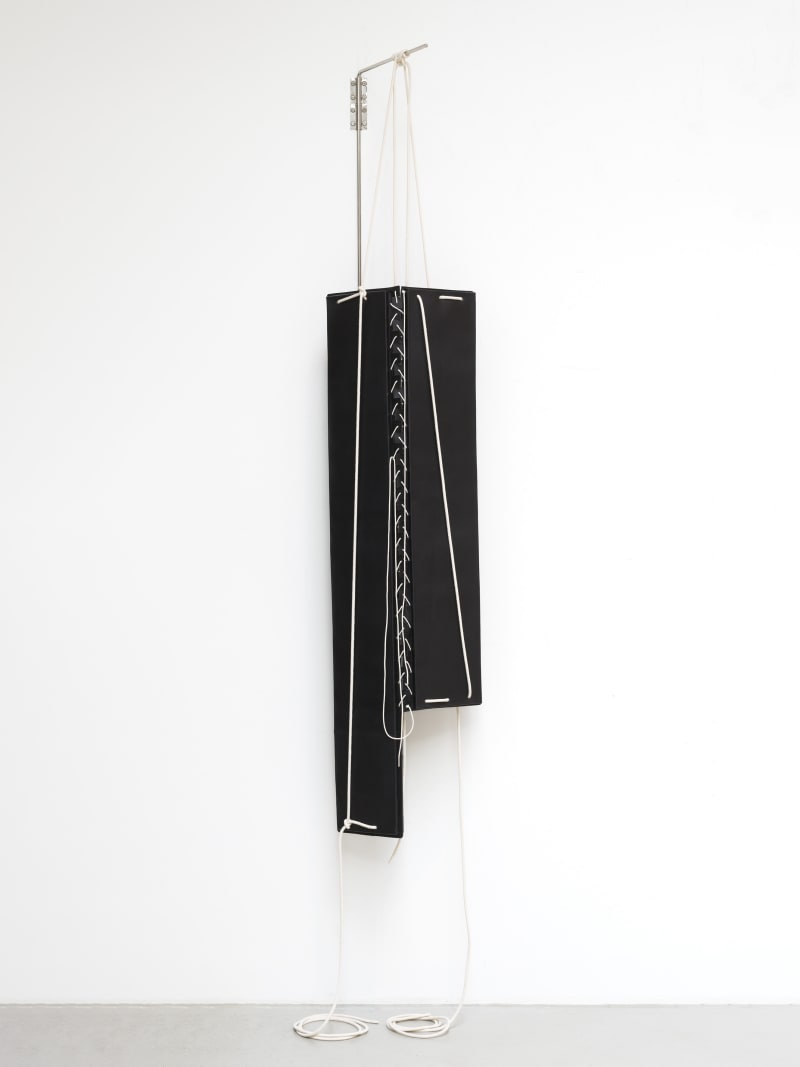 Leonor Antunes discrepancies with E.T. #8, 2023 Leather, leather cord, nylon yarn, foam, stainless steel bracket 107 x 16 x...