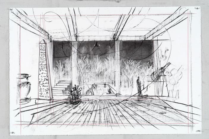 William Kentridge Drawing for 'Preparing the Flute', (Stage outline with telescope and column), 2005