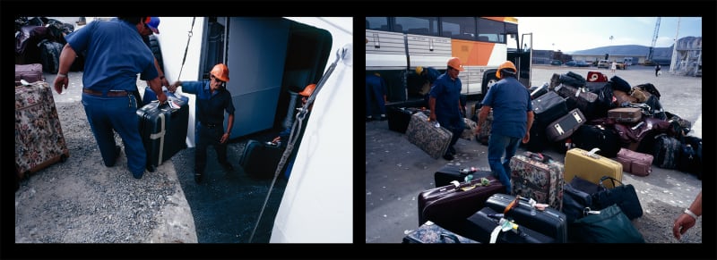 Allan Sekula Ensenada longshoremen loading luggage of passengers bussed in from SD to meet the Carnival Cruise ship Tropicale bound...