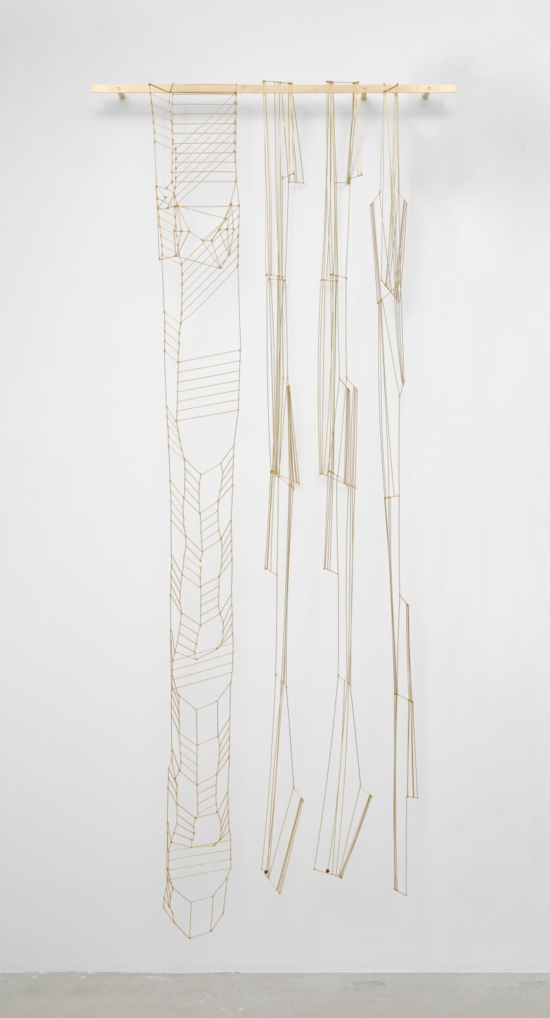 Leonor Antunes discrepancies with W.W. #1, 2025 Brass, acrylic beads Dimensions variable Length of elements laid flat, from left to...