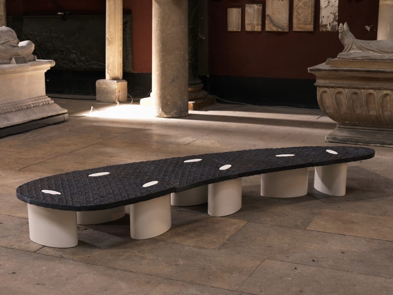 Leonor Antunes Charlotte #2, 2021 Engobe and glazed ceramics, lacquered wood 9 7/8 x 22 x 79 7/8 in. (25...