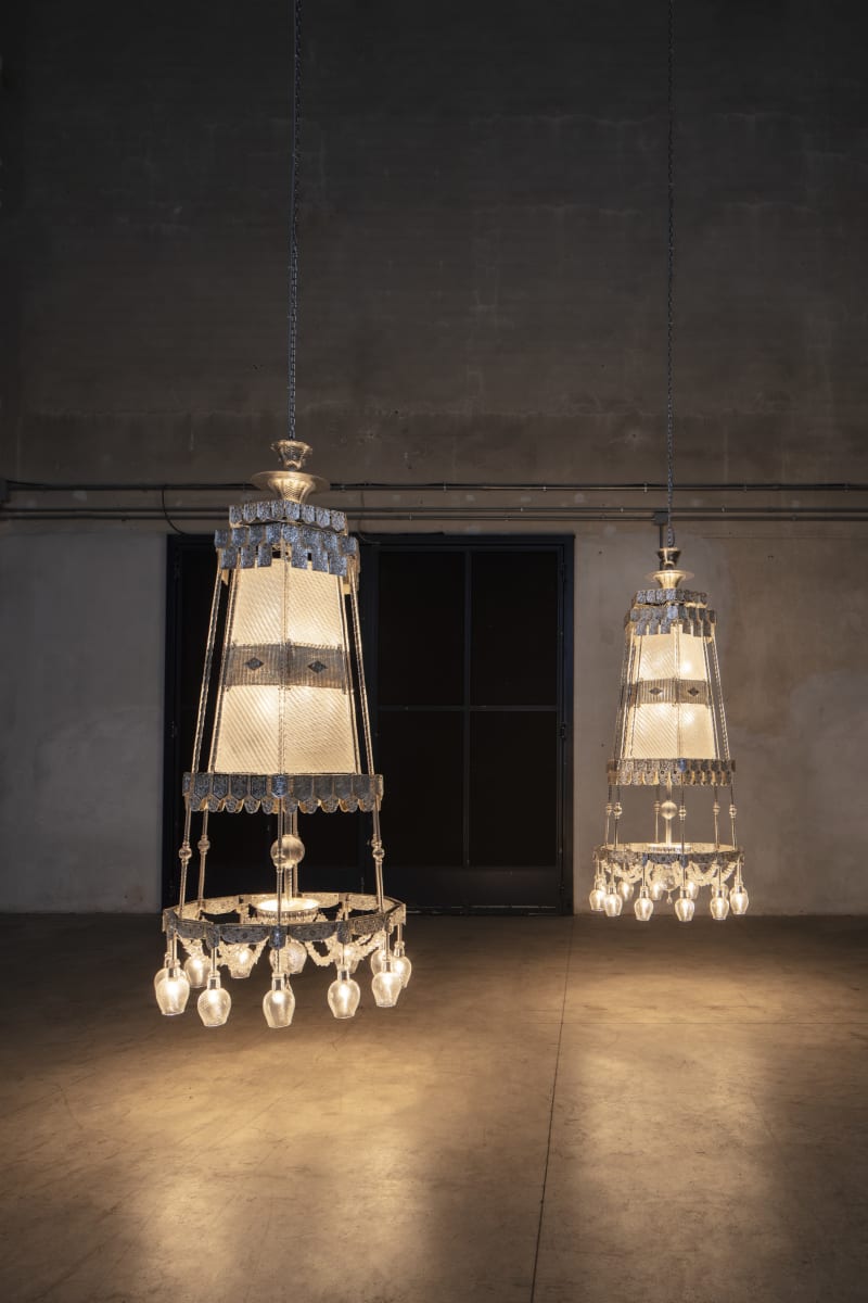 Cerith Wyn Evans S=U=T=R=A, 2017 2 Murano glass chandeliers fabricated by Galliano Ferro Overall dimensions variable Small chandelier height: 90...