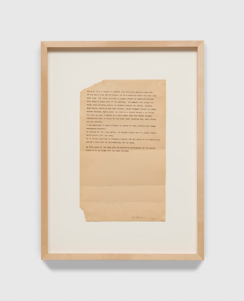 Bruce Nauman Performance (Slightly Crouched), 1968 Performance in a gallery instructions (typewriting on paper) Sheet: 14 x 8 1/2 in....