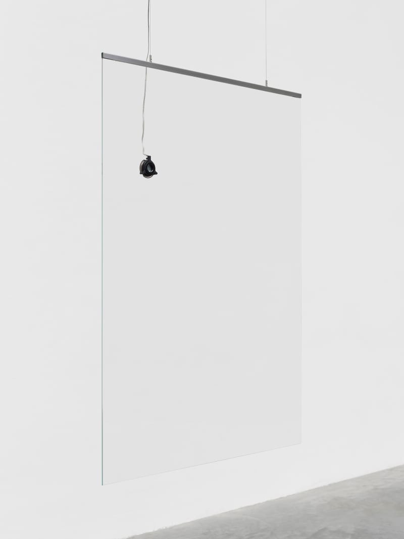 Cerith Wyn Evans Speaker III, 2022 1 piece toughened low iron glass, 1 stainless steel hanging basket, 1 channel audio,...