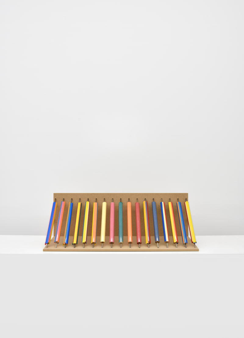 Peter Fillingham 17s, Strip, 2025 MDF, wood, steel rod, satin, acrylic sheet, nails, paint Sculpture: 112 3/4 x 39 x...
