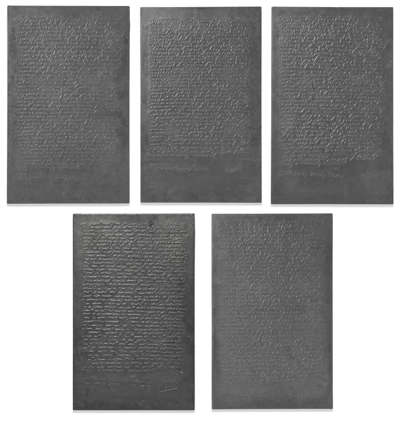 Robert Morris Memory Drawings, 1975 5 elements; blind letterpress on lead, mounted on Masonite 21 x 13 x 1 in....