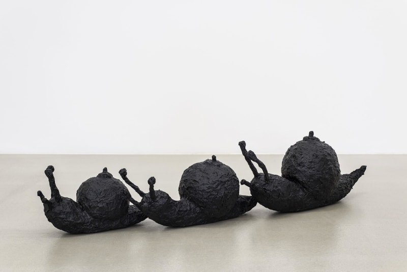 Annette Messager 3 Escargots-seins (3 Snail-Breasts), 2017 Foam, black wrap, paint 7 13/16 x 39 5/16 x 11 3/4 in....