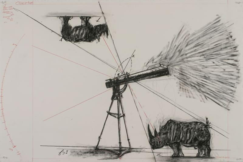 William Kentridge Drawing for 'Preparing the Flute', (Rhino's and telescope), 2005