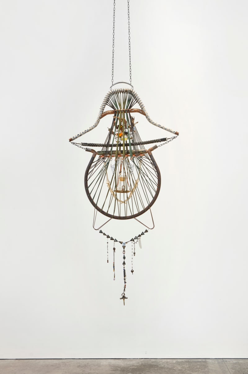 Lorna Williams ôlter, 2017 Rope, chain, bicycle handle, steel, skeleton arms, beads, glass jars, hair, honey, coffee, Florida water, dead...