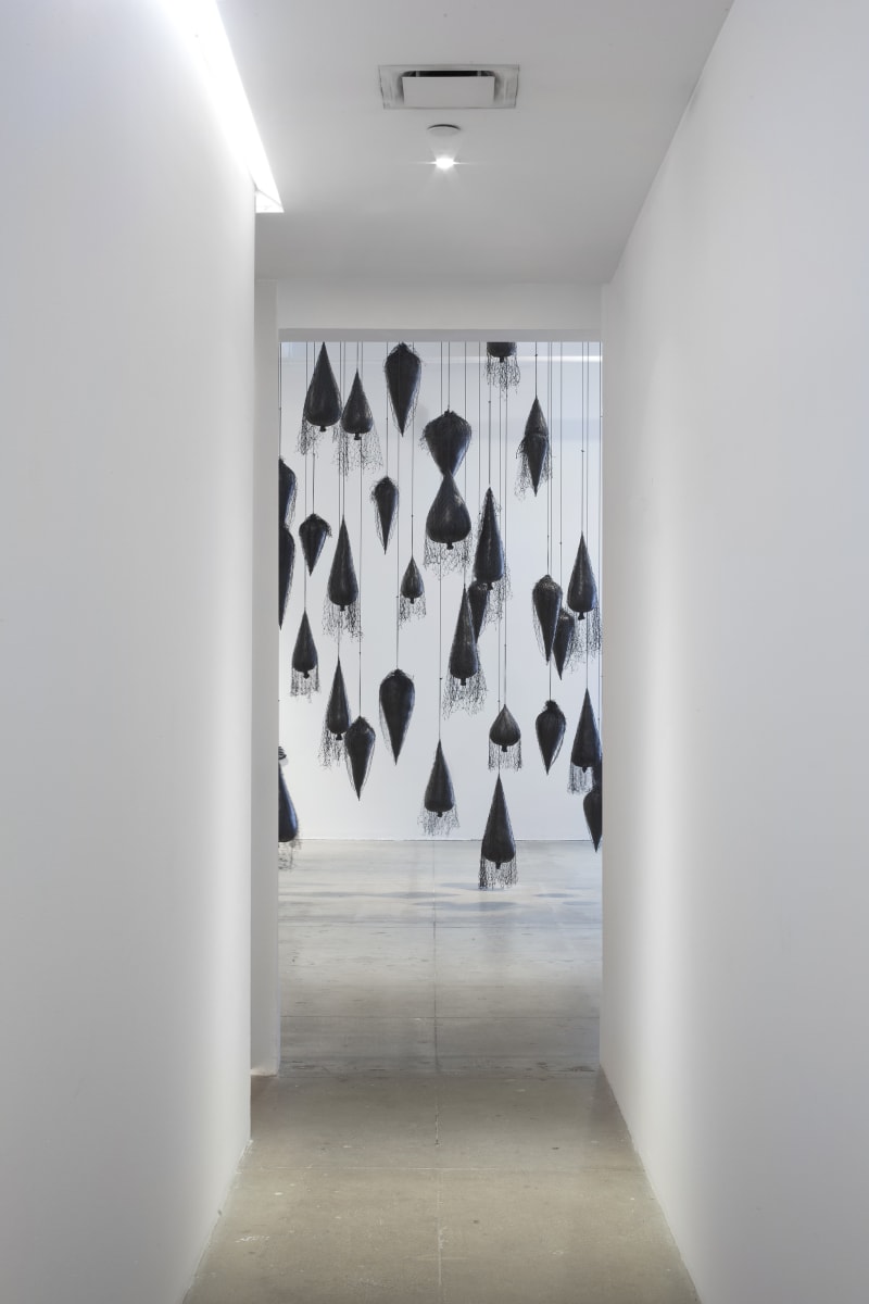 A series of hanging black, balloon-like sculptures resembling trees suspended in midair.