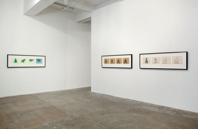 Three framed drawings of various trees hang in the corner of a room. 