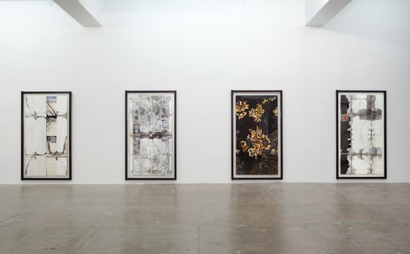 Four large vertical paintings of organic shapes and monochromatic colors are displayed on a white wall. 