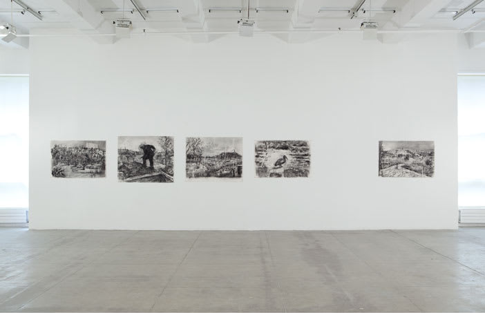Gallery view of five large charcoal landscape drawings on paper.