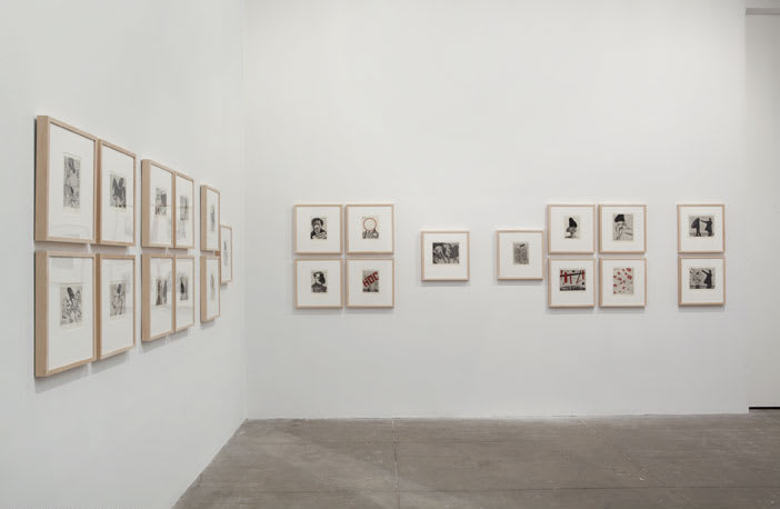 Gallery view of number small framed charcoal drawings, arranged in groupings of one to five drawings.