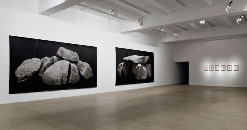 Two large prints of stacked rocks on a black background are pinned to the left wall. Six framed drawings of bare trees hang on the right wall. 
