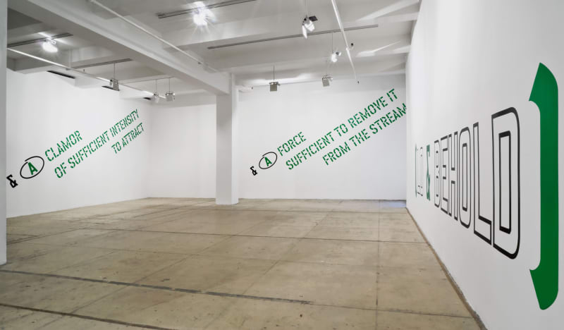 Angles upwards on left wall, green text reads, clamor of sufficient intensity to attack; angles upwards on center wall, green text reads, force sufficient to remove it from the stream; on the right wall, coming towards the camera, green text reads, lo & b