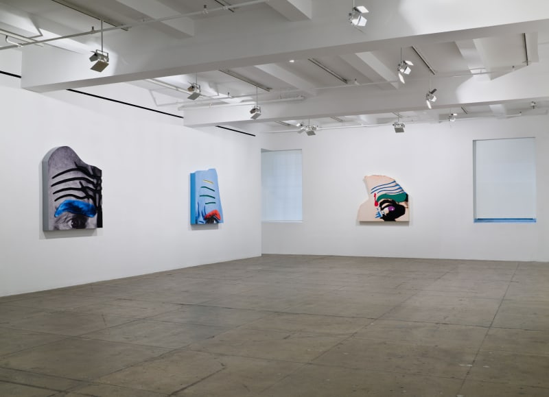 Three large cut-outs of foreheads are marked with colored lines to exaggerate the forehead lines and eyebrows. 