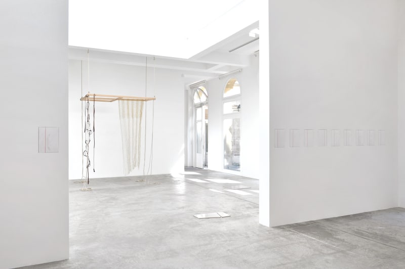 An exhibition installation view from: Presque Rien, Leonor Antunes, Christian Boltanski, Carol Bove, Nina Canell, Lygia Clark, Simon Fujiwara, Marine Hugonnier, Koo Jeong A, Seung-Taek Lee, François Morellet, Gabriel Sierra, Rayyane Tabet, Niele Toroni, Richard Tuttle and Cerith Wyn Evans