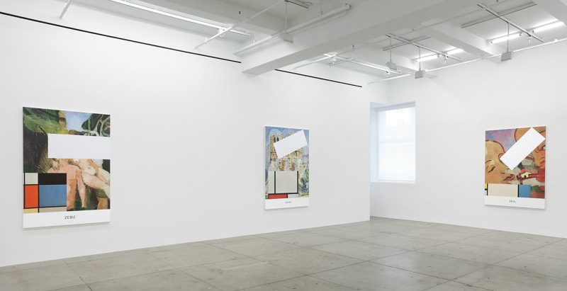 3 large paintings with figures and geometric shapes hang in a white gallery space.