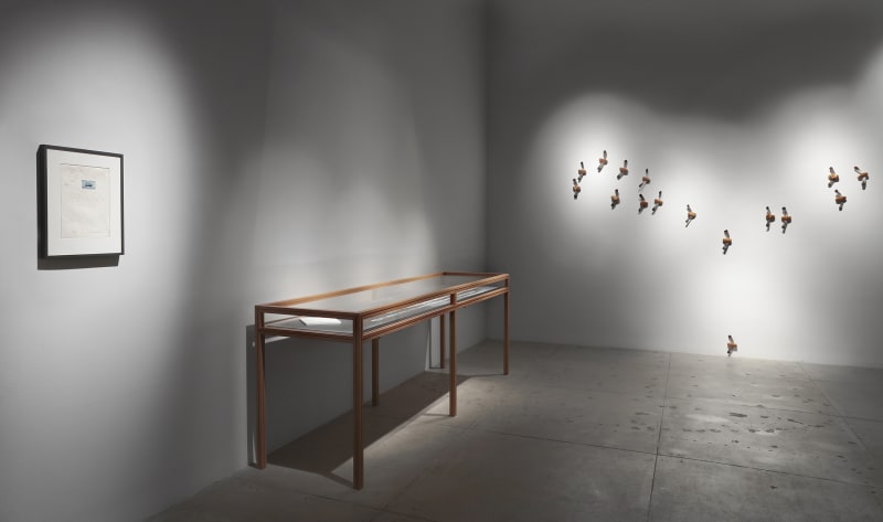 Installation view of Lothar Baumgarten exhibition, containing depictions of mosquitoes out of bread (right).  