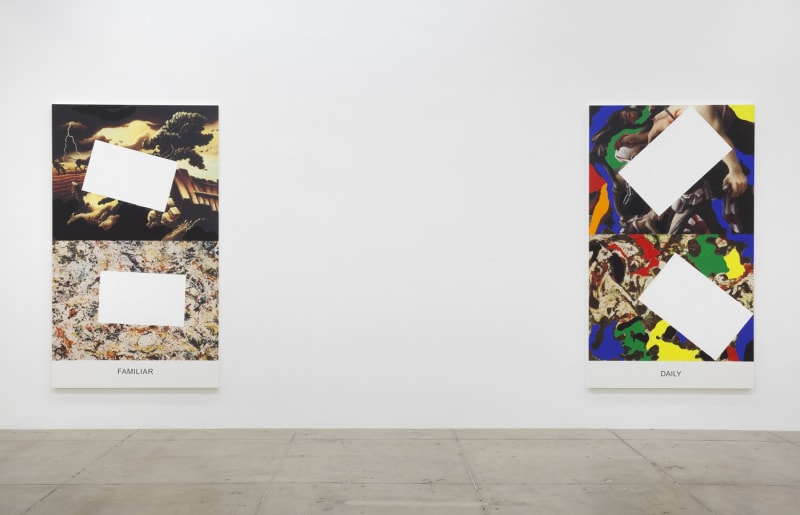 2 colorful paintings partially covered with white rectangles. The text "FAMILIAR" and "DAILY" is written at the bottom.